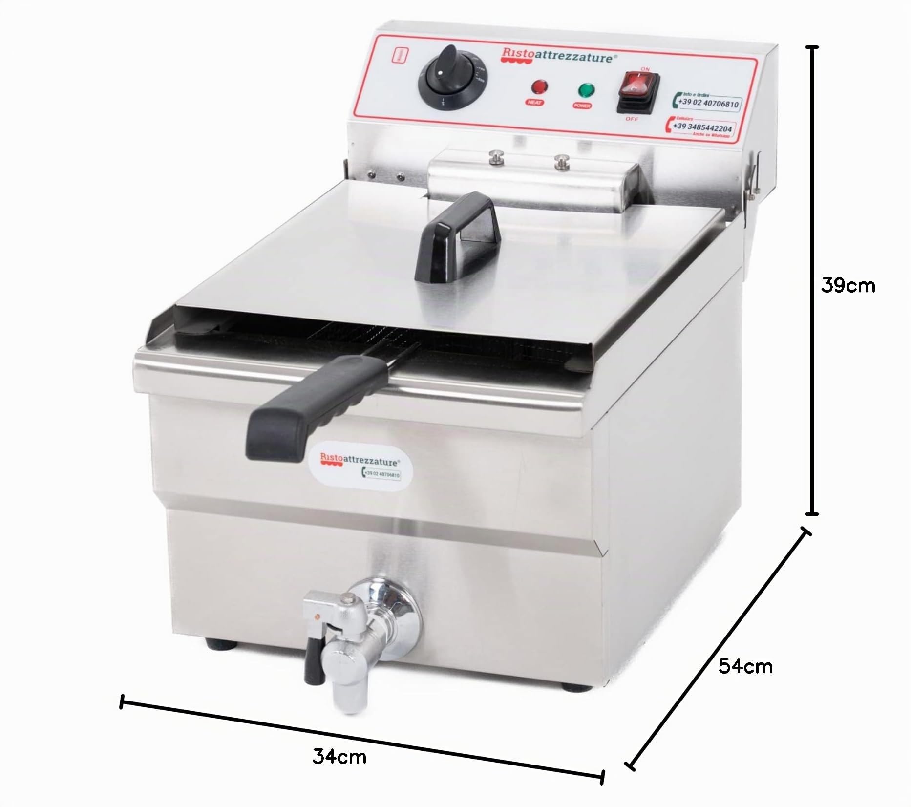 Ristoattrezzature Friggitrice Elettrica Singola Vasca, Professionale in Acciaio Inox - con Rubinetto di Scarico - 16 Litri, Capacità Olio 12 Litri - 220 Volt