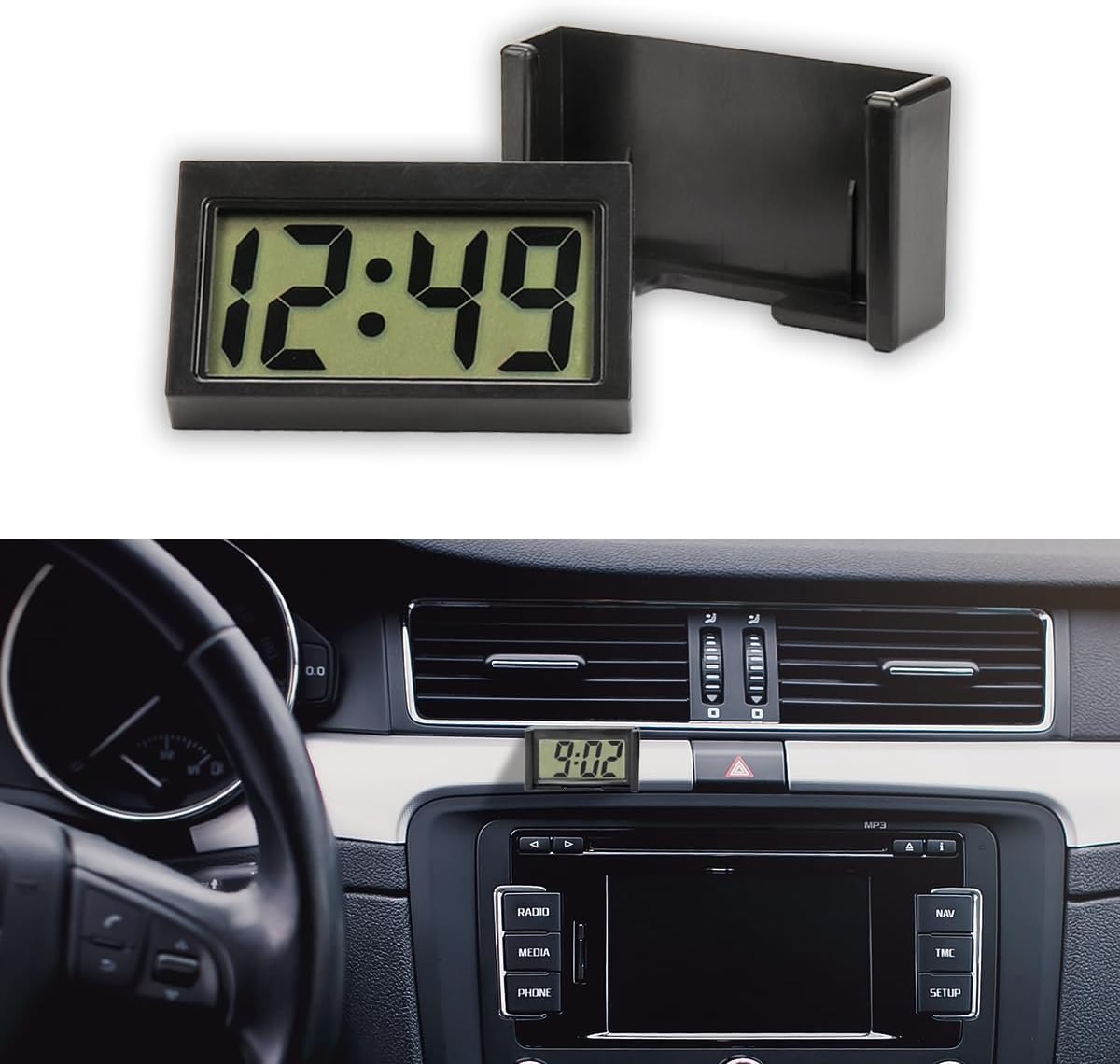 Small Electronic Dashboard Car Time Clock Self-Adhesive Mini Car Electronic Clock, Simple Car Accessories LCD Screen Home Digital Display Clock with Stand for Car, Office (Black)