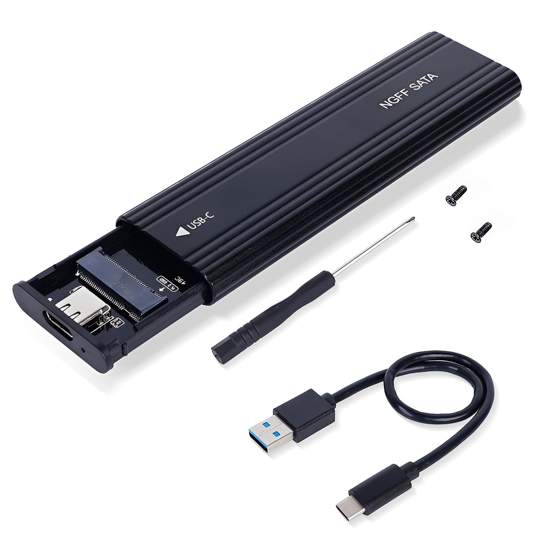 M.2 SATA SSD Gehäuse (NGFF) USB-C 6Gbps, externes SSD Case kompatibel mit M.2 B-Key & M+B-Key 2230/2242/2260/2280, Werkzeugfrei, Aluminium, inkl. USB-C-auf-A Kabel