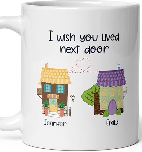 Taza de viaje con nombres personalizados de larga distancia con texto en inglés "I Wish You Lived Next Door, Next to me, Besties Friends"