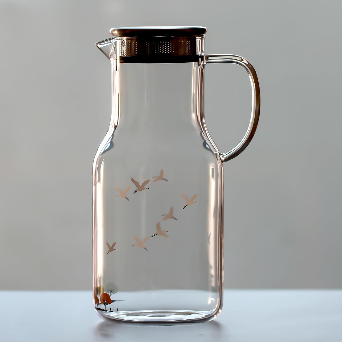 Glass Pitcher with Lid and Handle, Clear Glass Water Carafe with Bird and Tree Design, Decorative Beverage Jug with Strainer