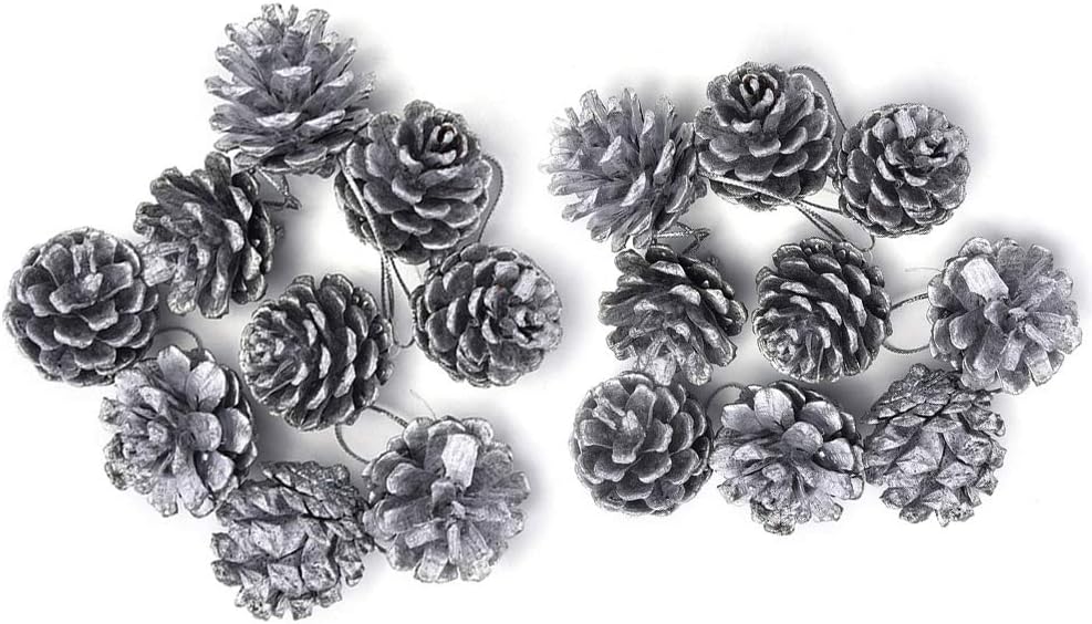 Natural Pine Cones, 18 Mini Pieces with String for Christmas Tree, Silver Pine Cones for DIY Ornament Xmas Party Decoration