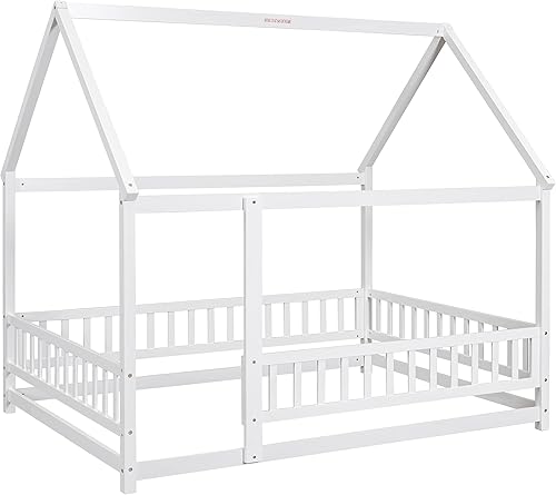 Miniatura 71 de Bellemave Cama Montessori de madera con valla y techo para niños, marco de cama individual para niños, niñas (individual, blanco)