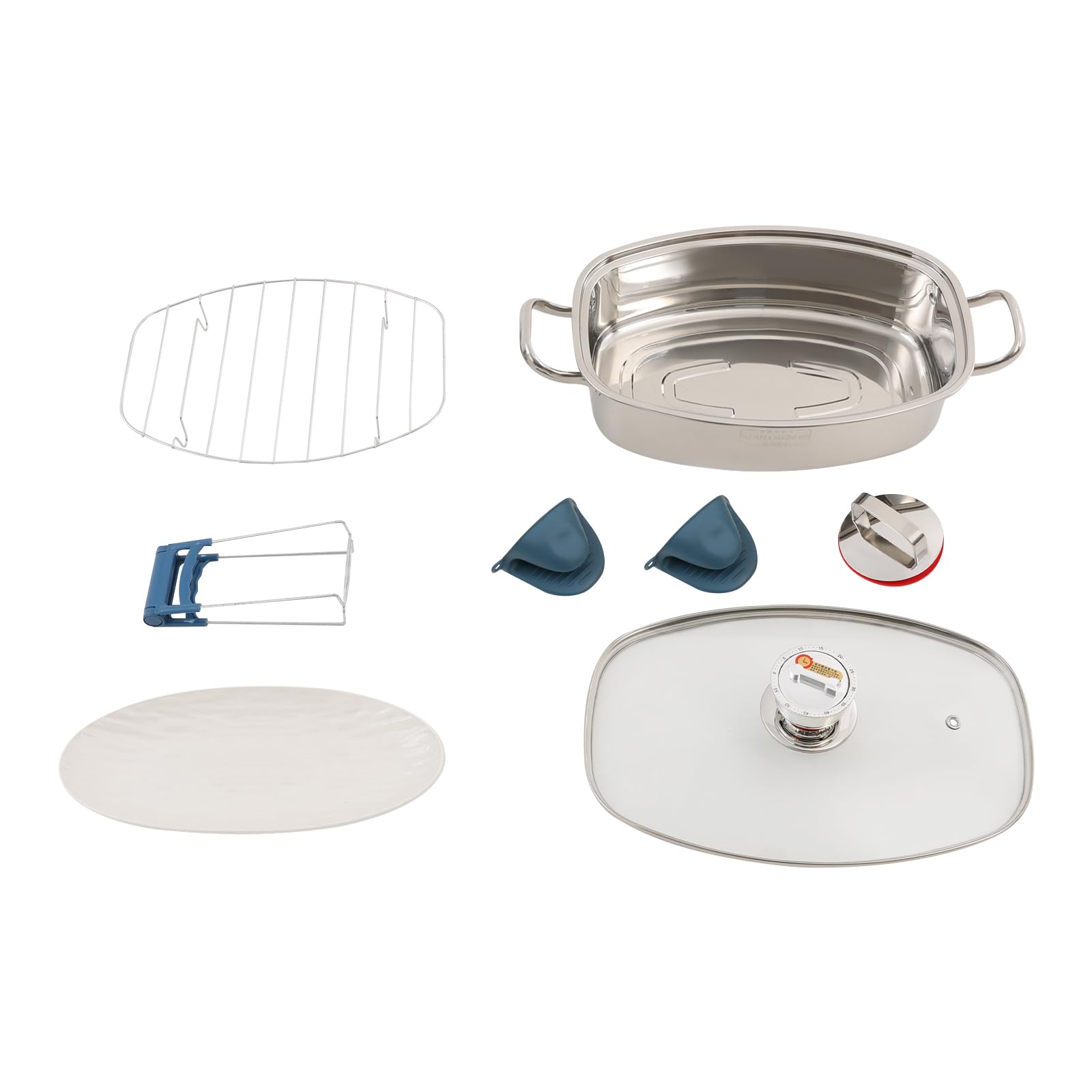 Edelstahl Dampfgarer Topf Set, Gas-, Elektro- & Induktionskochfeldern kompatibe, ovales Mehrzweck-Kochgeschirr mit Glasdeckel, Dampfeinsätze, Timer und Zange, für Fisch, Suppe & Dünsten (1 Etagen)