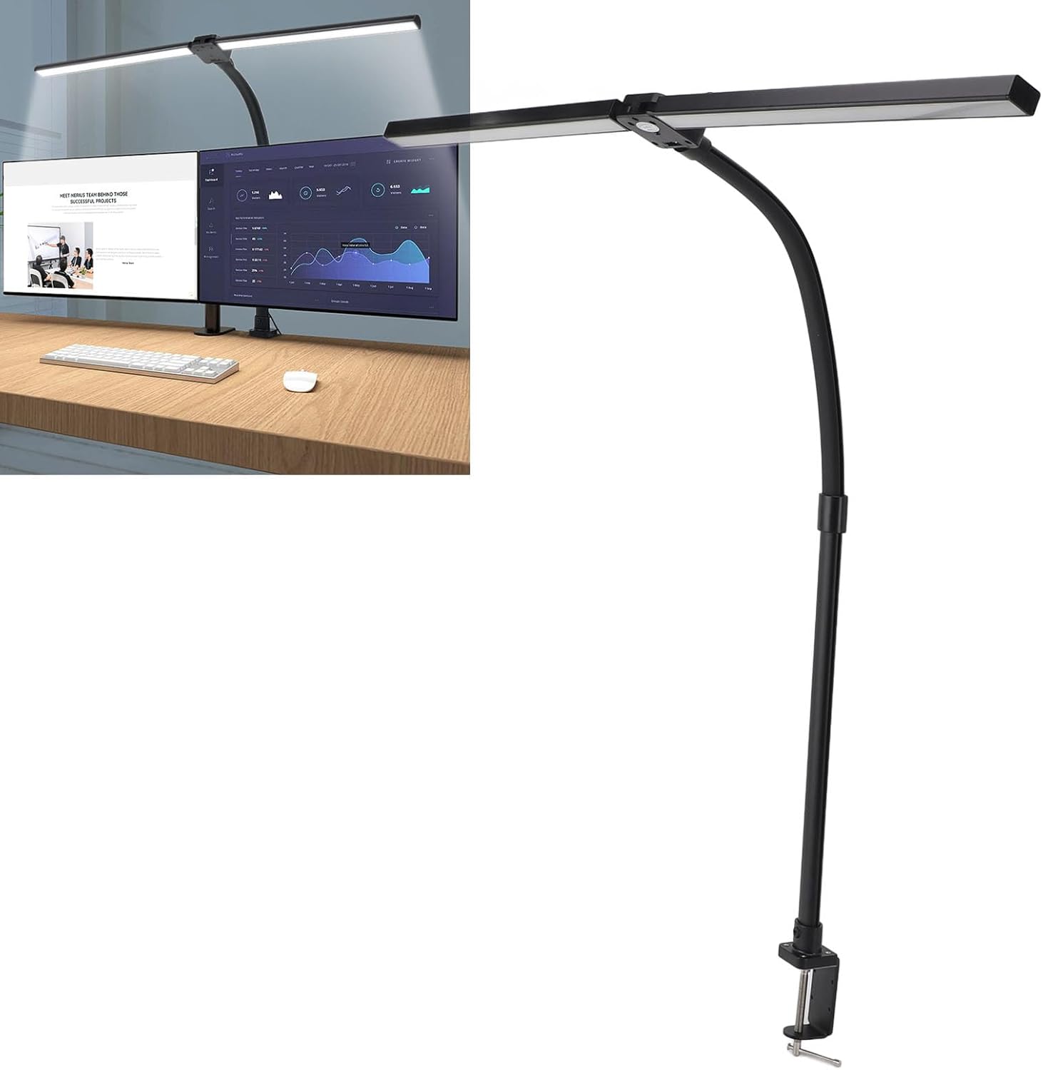 YWBL-WH 24W Double Head LED Desk Lamp Clamp Task Table Lamp Ultra Bright Gooseneck Desk Lamp with Remote Control, for Home Office, Study, Computer, Crafts, Gaming, Reading
