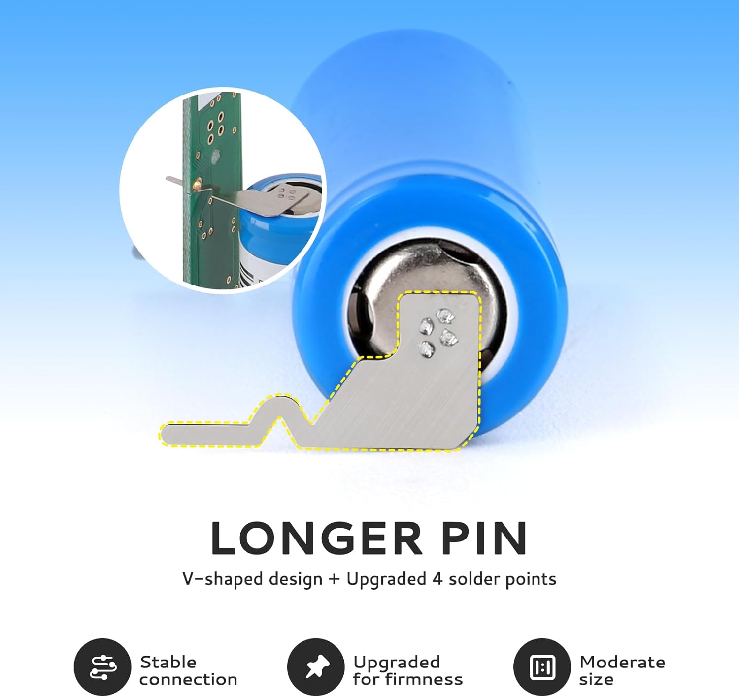 Close-up of the battery's longer pin design with V-shaped structure and upgraded solder points