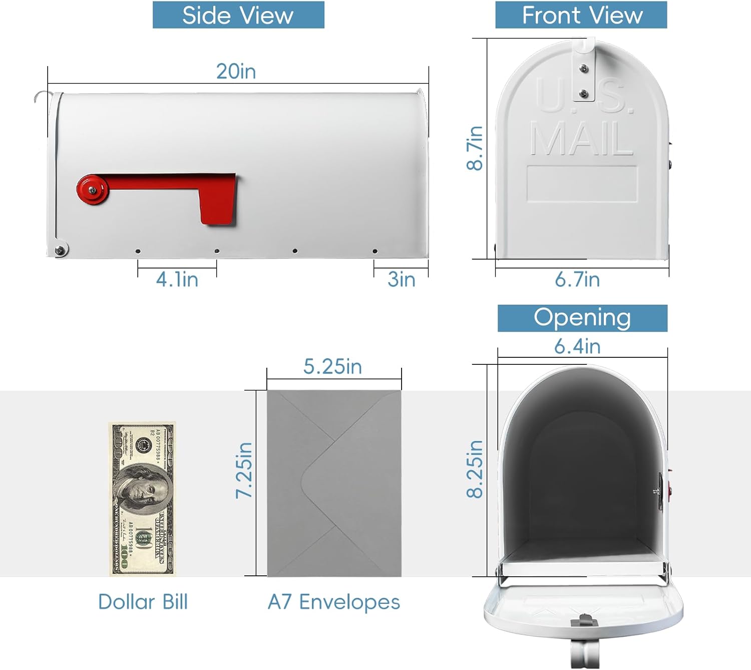 metal mailboxes post mount, galvanized steel outside mail box, standard medium capacity, 20 x 8.7 x 6.7 inches, white