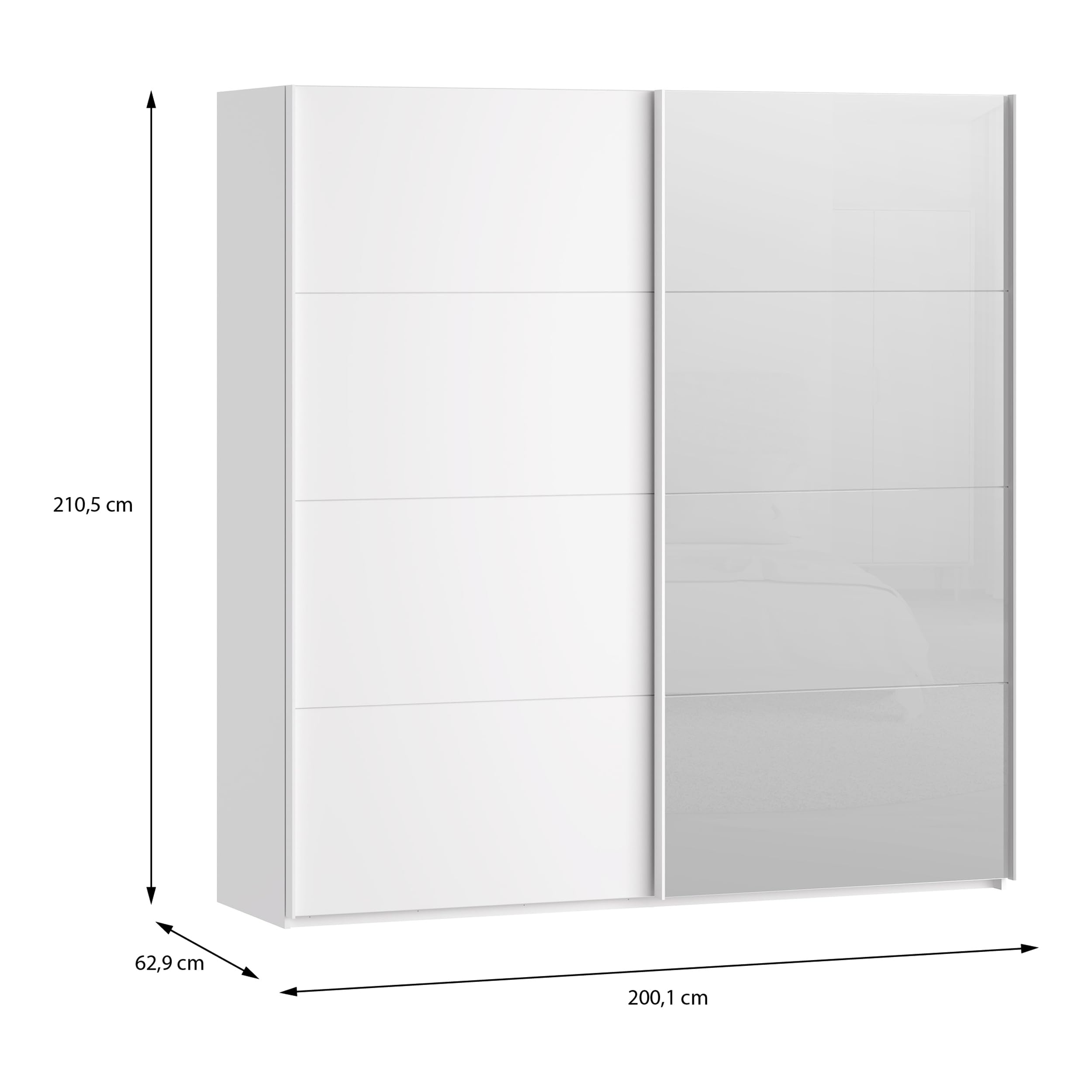 Forte SOPHISTISPACE Kleiderschrank 200, moderner Schwebetürenschrank, 2-türig, Einlegeböden, Kleiderstangen, Spiegel, Holzwerkstoff, Weiß, 200,1 cm breit x 210,5 cm hoch x 62,9 cm tief