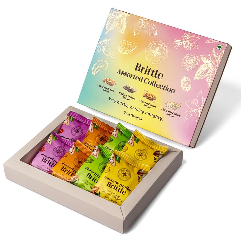 Image of Cacao Springs Assorted Brittle Collection Choco Box (Almonds, Cashew, Pista & Rose), Combo Choco & Nut Delicacy Treats, Premium Gift Hamper for Christmas Gifts, 8 Pieces in Each, 1 Box, 112gm