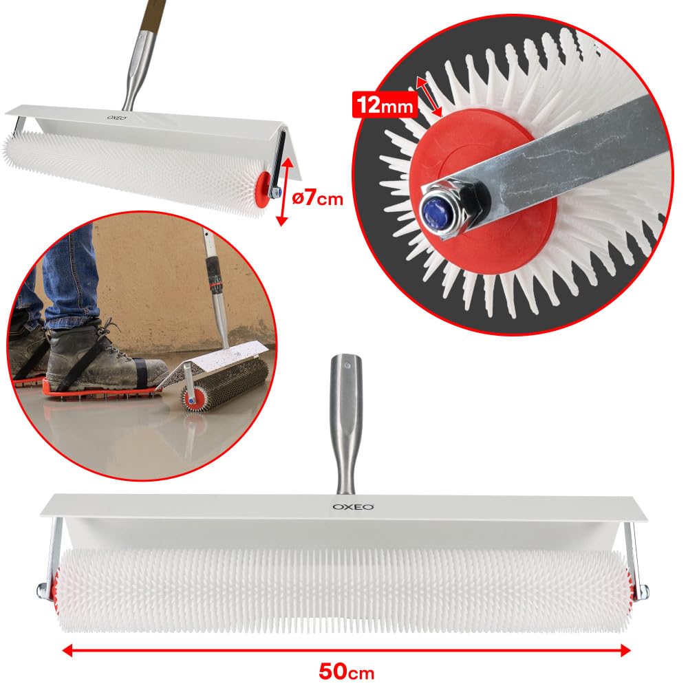 Kit outils ragréage - Rouleaux débulleurs 25-50cm - Râteau autonivelant 56cm - Chaussures pointes acier - Ciment auto-nivelant