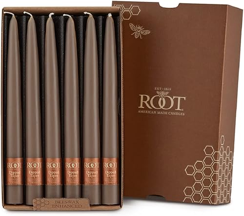 Root Candles Portobello - Juego de 12 velas cónicas sin perfume sumergidas a mano, sin goteo, cera de abeja mejorada, 9 pulgadas, Portobello