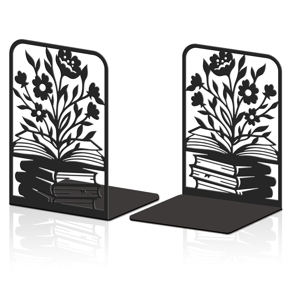 Hobbspring 2Pcs Metal Bookends Black Heavy Duty Book Shelf Holders Books and Flowers Decorative Book Ends Used on Desk for Back to School Office Home Library Small Large Heavy Books