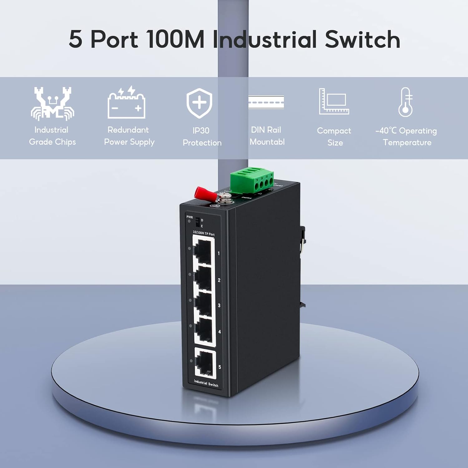 【Upgrade】 SODOLA 5 Port Industrial DIN-Rail Ethernet Switch,4 Ports and 1 Uplink, 10/100Mbps Fast Ethernet, DIN-Rail & Wall Mount Included,IP30 Industrial Switch