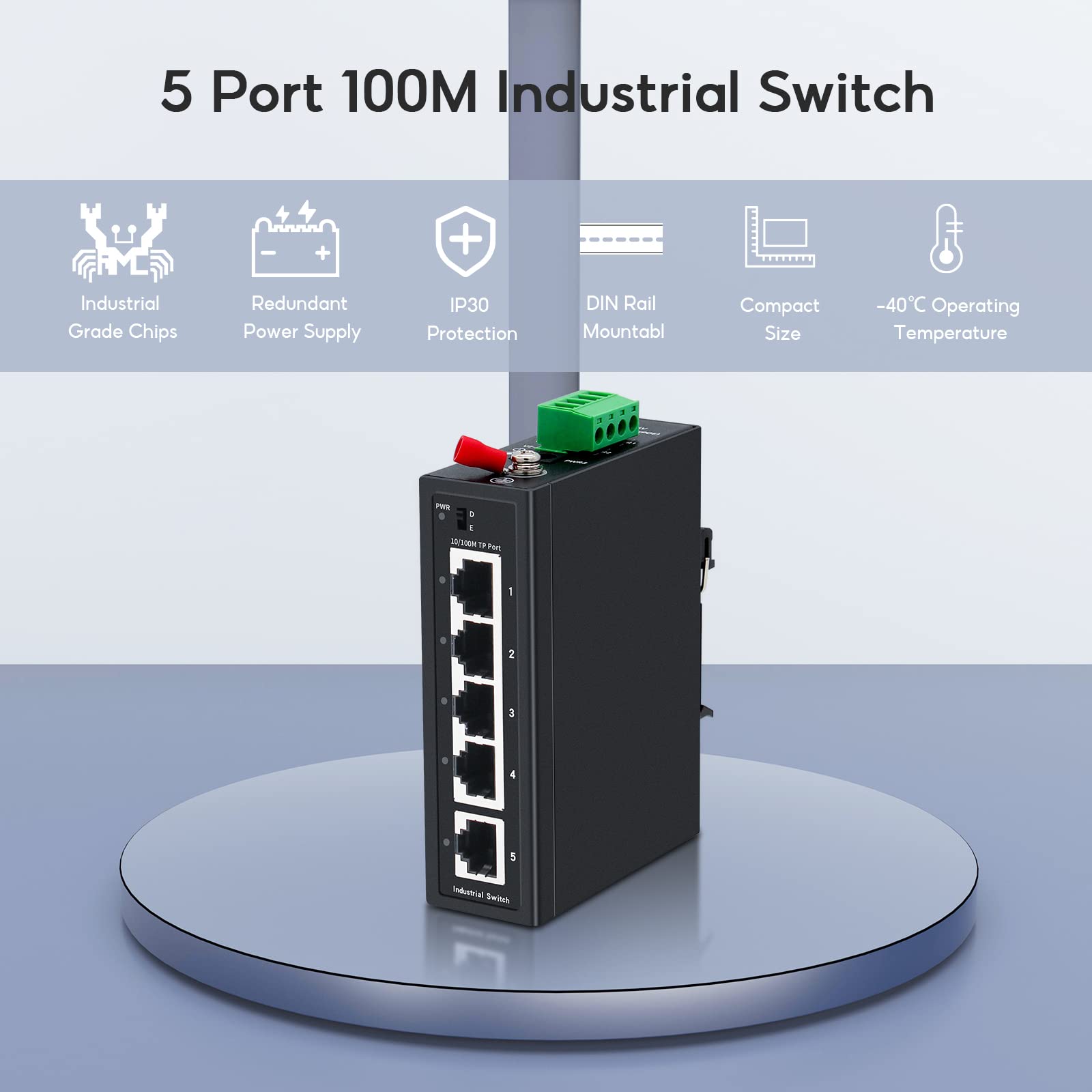 ?Upgrade? SODOLA 5 Port Industrial DIN-Rail Ethernet Switch,4 Ports and 1 Uplink, 10/100Mbps Fast Ethernet, DIN-Rail & Wall Mount Included,IP30 Industrial Switch