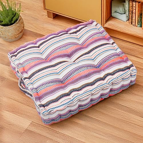Image of Reversible 60x60x10 cm Woven Quilted Floor Cushion Multi Stripe with Cotton Filler for Seating, Patio Seat, Meditation, Yoga, Pooja, Guests, Living Room, Bedroom, Large Size