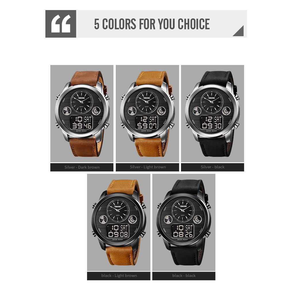 TONSHEN Uomo Fashion Stile Casual Acciaio Inossidabile Digitale Orologi da Polso e Pelle Cinturino Multifunzione LED Elettronico Outdoor Militare Sportivo Orologio Tre Tempo