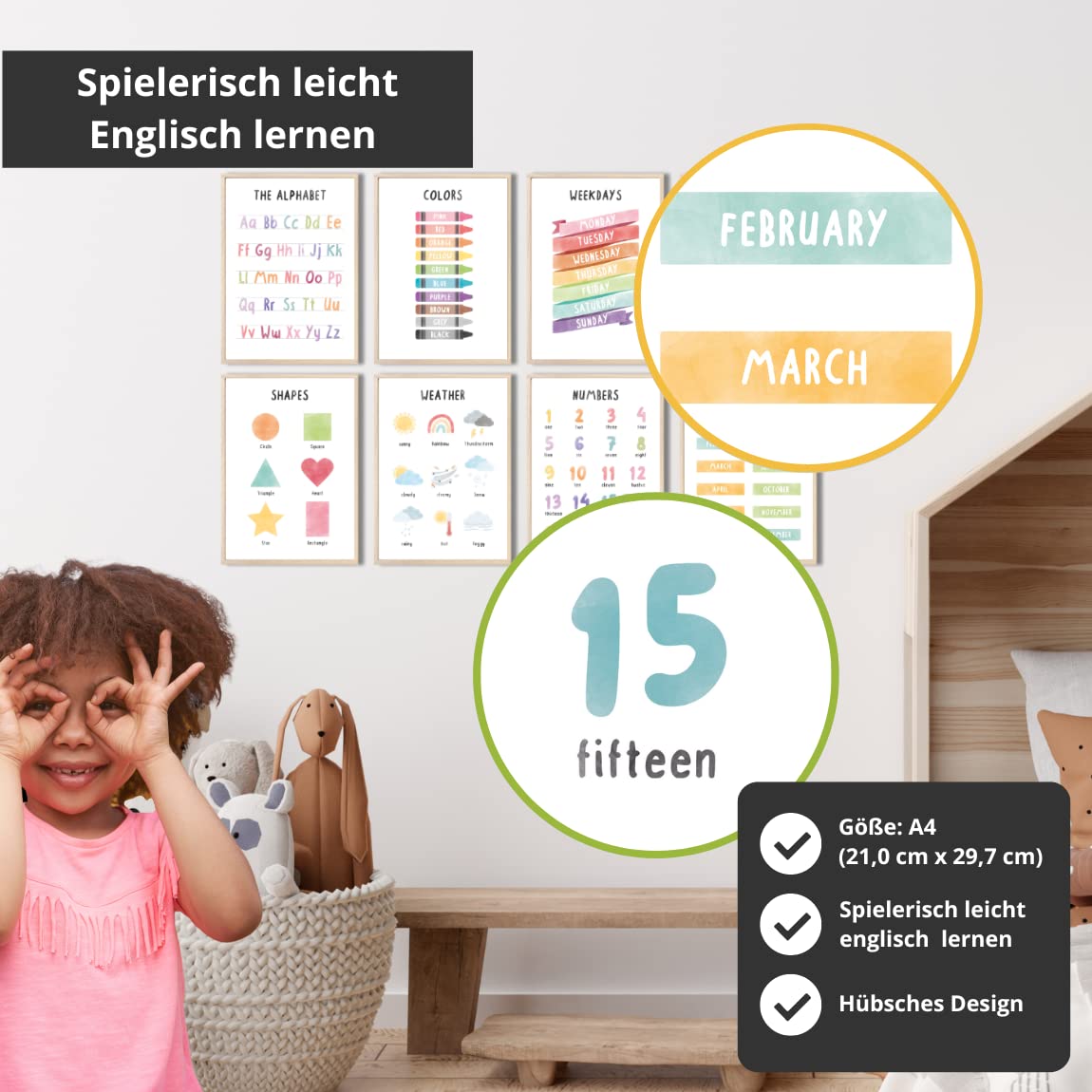 MeinBaby123® Poster educativo in inglese, immagini per cameretta dei bambini, set da 8 pezzi, formato A4 e A5, alfabeto ABC, numeri, scuola materna, scuola elementare, poster da parete di alta qualità
