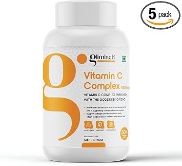 GLIMLACH Vitamin C Complex 1000mg - Non-GMO, Gluten-Free, Pure & Natural Dietary Supplement - Supports Immune System Pack of 5, 50 Tablet Each Jar