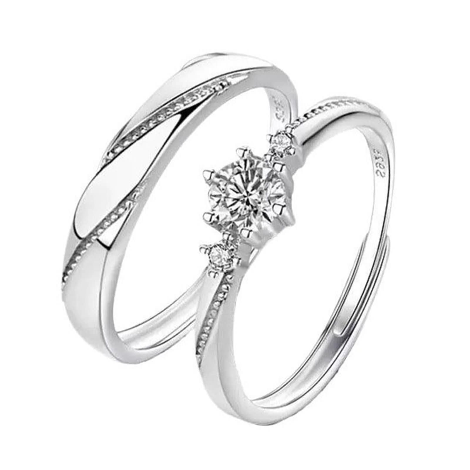 Anelli Fidanzamento Regolabili Coppia con Incisione Personalizzata Lui e Lei Argento 925, Rotondo con Zirconia Cubica, Anello Argento Donna Fidanzamento