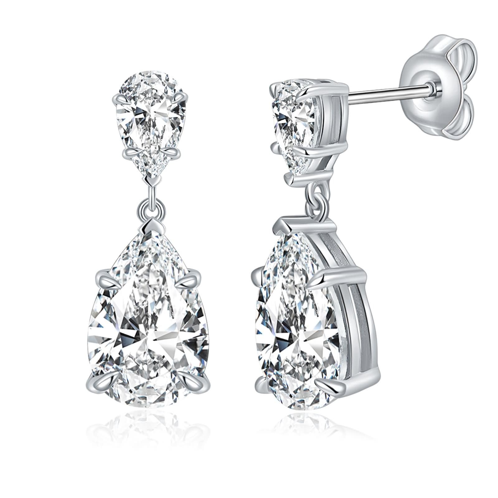 9K / 14K / 18K Weißgold Ohrringe Hochzeit Damen, Wassertropfen mit Moissanit, Moderne Damen Ohrringe Silber
