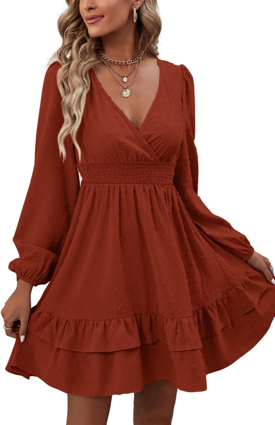 Rooscier Women's Wrap V Neck Swing Ruffle Swiss Dots Long Sleeve Mini Dress - Image 5