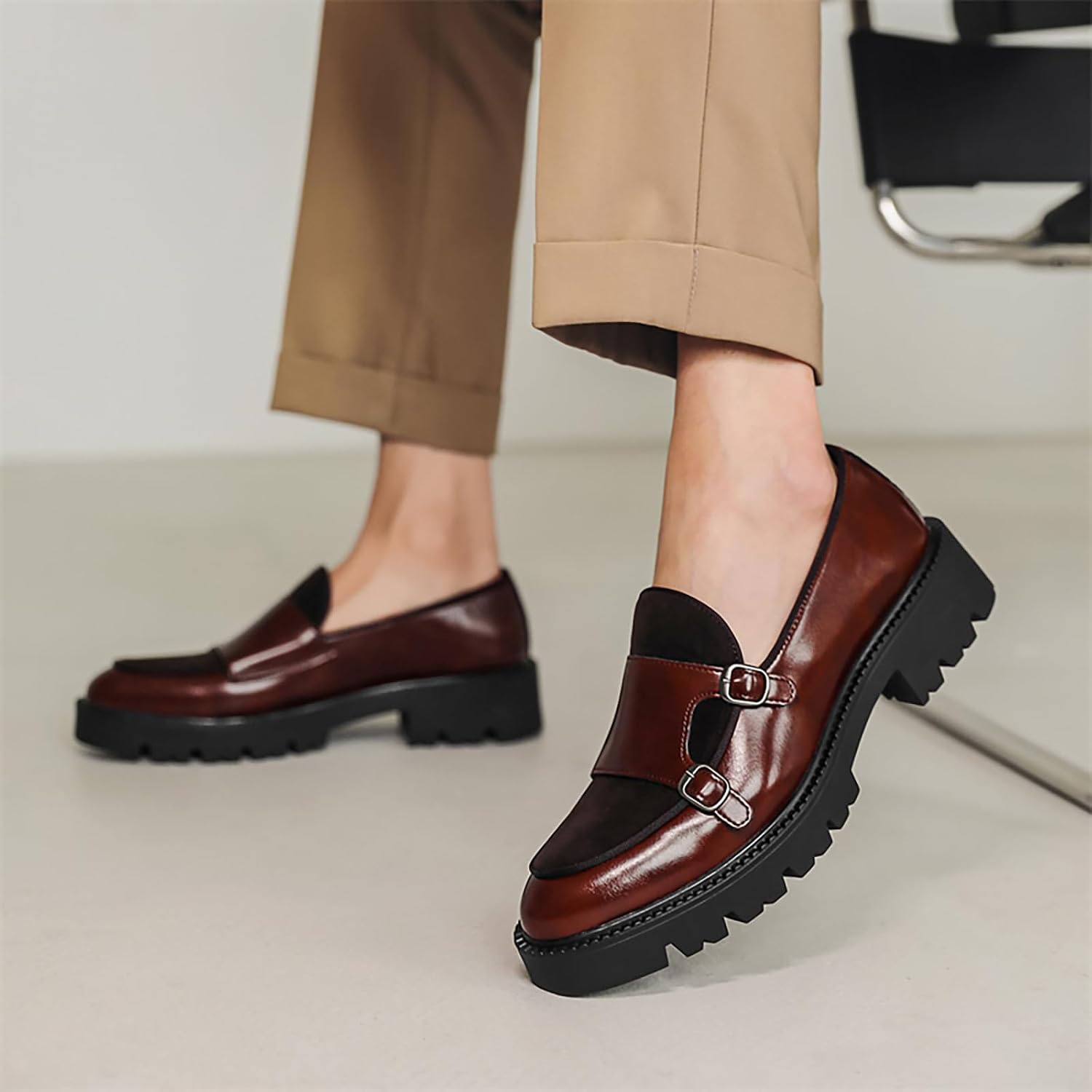 Men's Leather Platform Loafers with Double Monk Strap Fashion Low Top Lug Sole Slip On Dress Shoes for Business Party Daily Wear