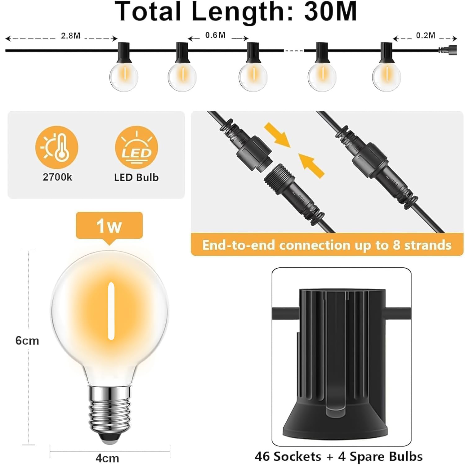 Catena Luminosa Esterno 30M con 46+4 LED G40 Lampadine 2700k | 100FT Luci da Esterno Giardino IP45 Impermeabile Catena Luci Esterno per Giardino Natale Terrazzo, Matrimonio - Bianco Caldo