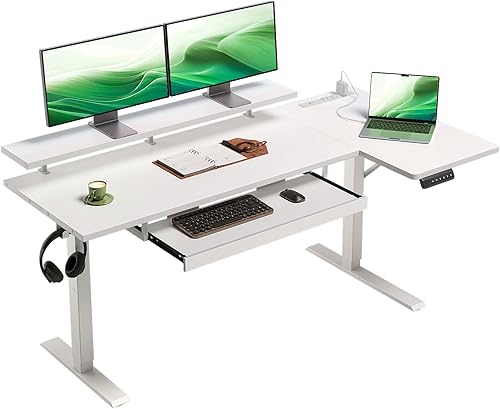 Miniatura 10 de OffiGo Escritorio eléctrico de pie en forma de L de 55 pulgadas con bandeja para teclado, escritorio de esquina reversible de altura ajustable con