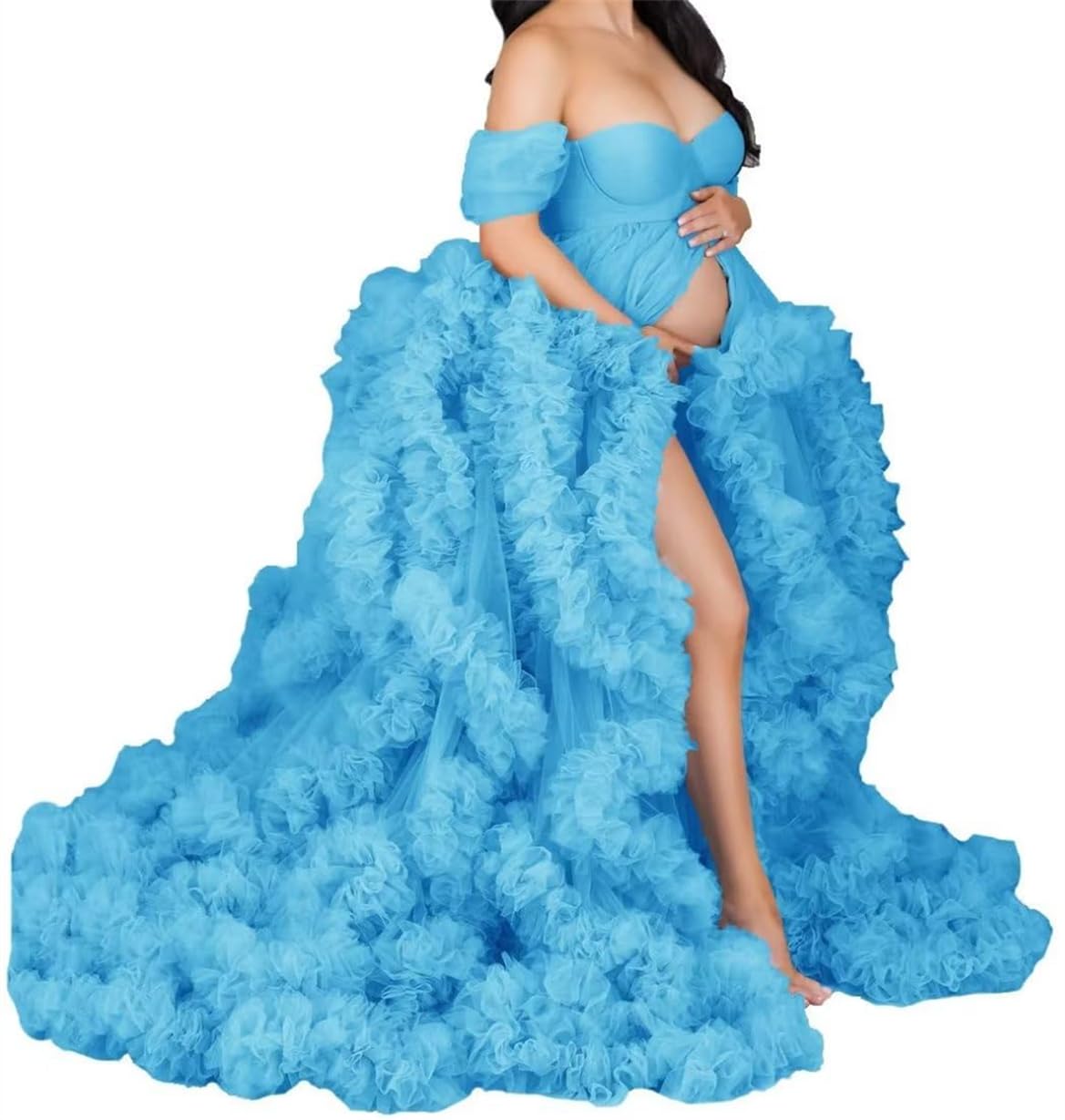AHERKLL Women's Long Bridal Robes Tulle Lingerie Maternity Bathrobe Photoshoot Illusion Wedding Scarf Party Nightgown ZM004 Blue UK16