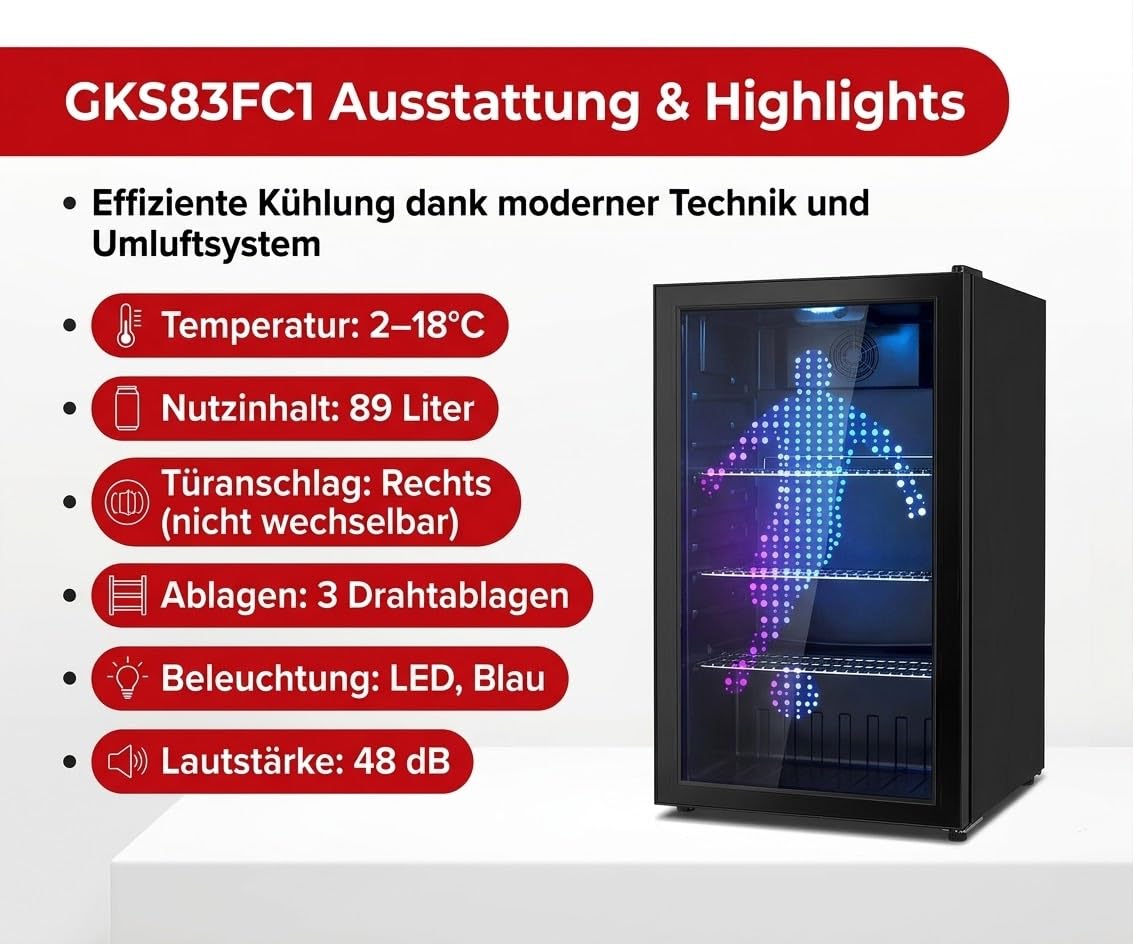 PKM GKS83FC1 Flaschenkühlschrank 89 Liter Display Touch Control Umluft-Kühlung blaue LED-Beleuchtung Schwarz