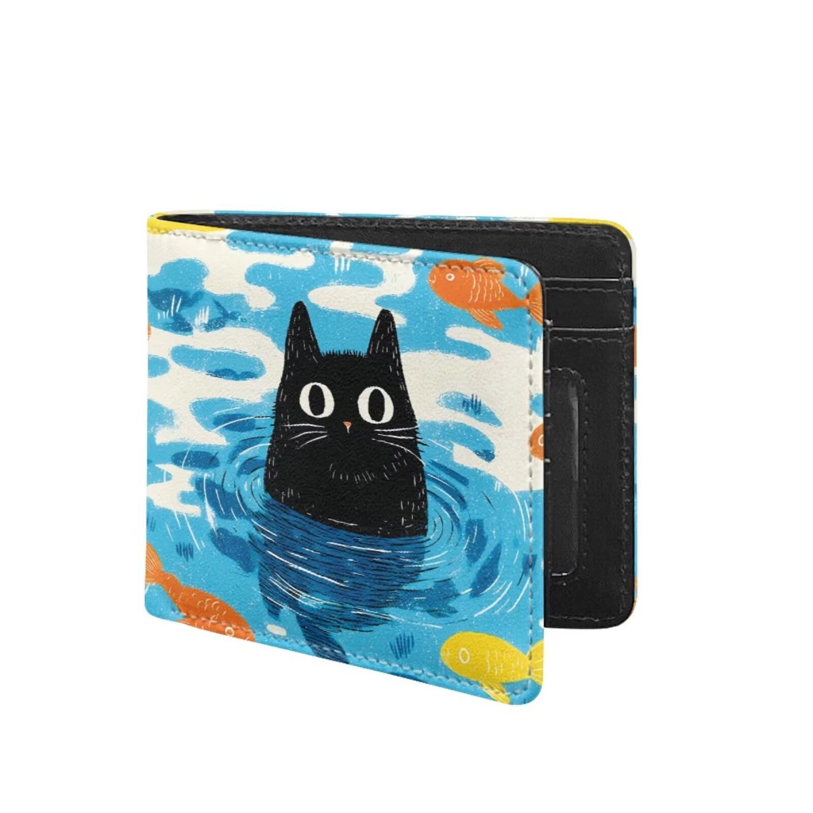 Coldinair Cartoon Black Cat Fish Kids Wallet,Little Boys Wallet for Kids,Leather Bifold Wallet Credit Card Cash Id Holder Slim Rfid Blocking Coin Purse