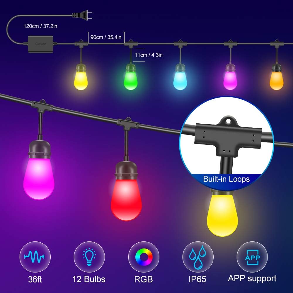 Govee Outdoor String Lights, Hanging Lights String Patio 36ft 12 Sockets Warmwhite & RGB Dimmable Waterproof Outdoor Lights Commercial Indoor String Lights for Patio Backyard Party, NOT CONNECTABLE