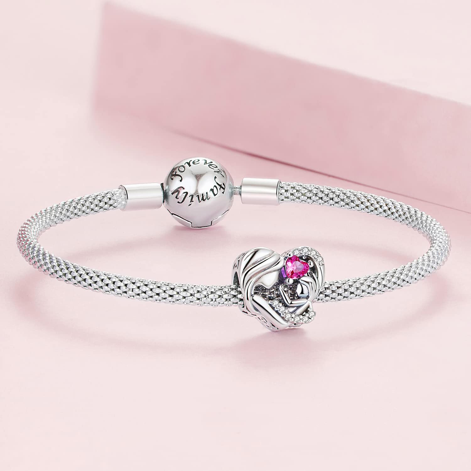 Charm de Madre e Hija para Pulsera de Pandora-Abalorio de Plata de Ley Corazón Rosa Zirconia-Regalo para Mujeres Niñas