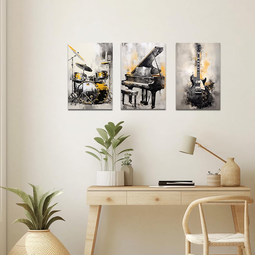 ZQQART 3 piezas de instrumentos musicales abstractos, arte de pared, piano, guitarra, batería, impresiones de pintura, impresiones temáticas musicales, obras de arte, marco de decoración de tienda de