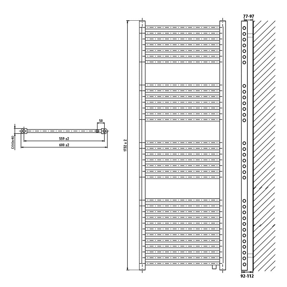 Badheizkörper Handtuchheizkörper mit Anschluss links oder rechts | Heizkörper mit versetztem Mittelanschluss (1732 x 600, Weiß) (899 Watt nach EN442)