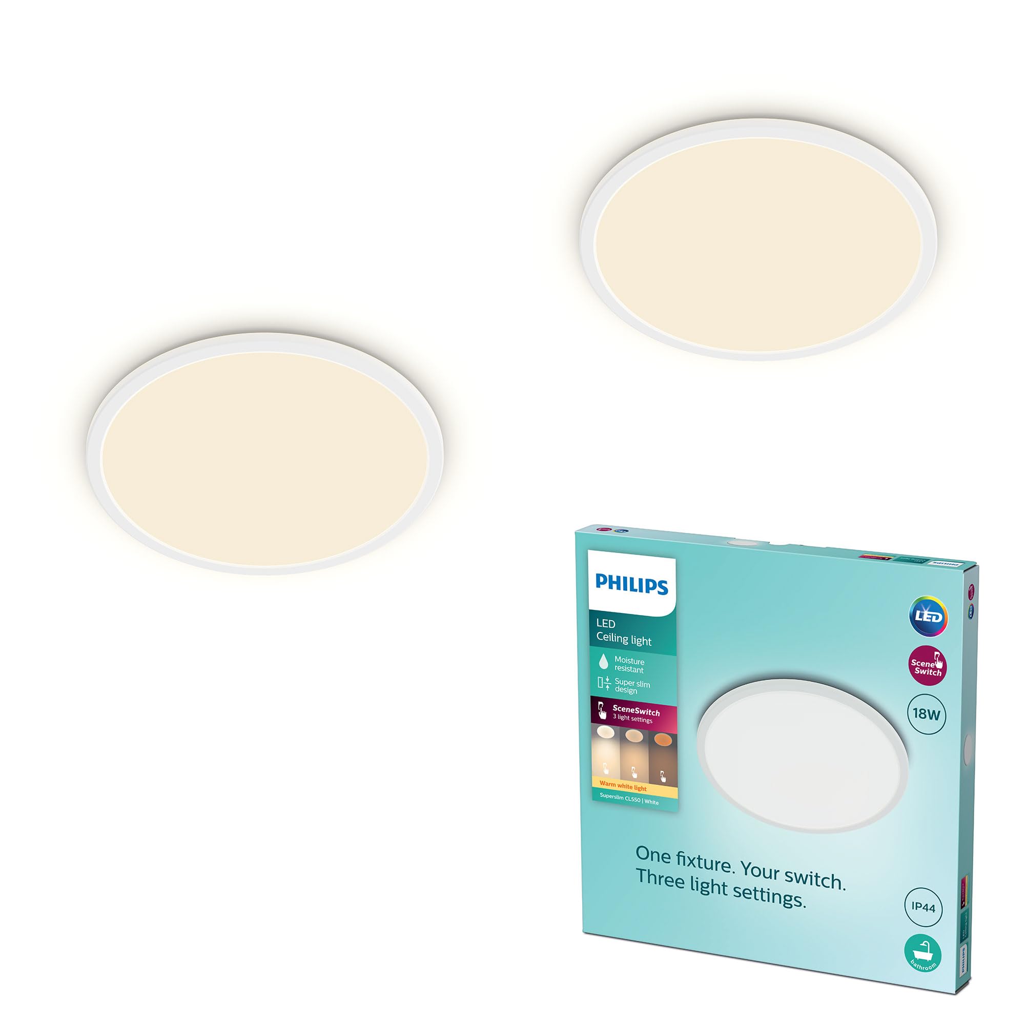 Philips LED Badezimmer Deckenleuchte Superslim (18 W), 3 Lichteinstellungen, warmweißes Licht, dimmen ohne Dimmer, IP44 Schutz, weiß, 30cm, 2er Pack