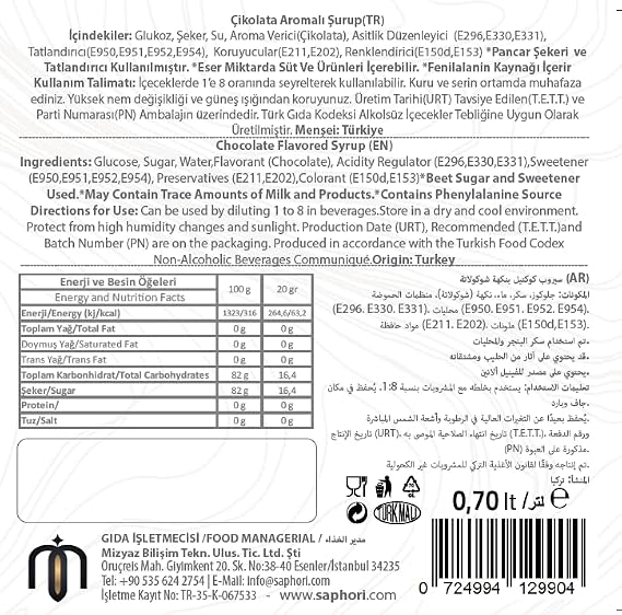 Saphori Çikolata Aromalı Kokteyl Şurubu, Çikolata Şurubu, Kahve Şurubu 700 ML
