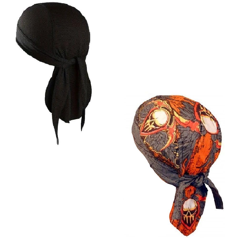 Headwrap Durag Doo Rag Skull Cap Lot or Set of 2 Warrior Skull and Flames with Sweatband Cotton