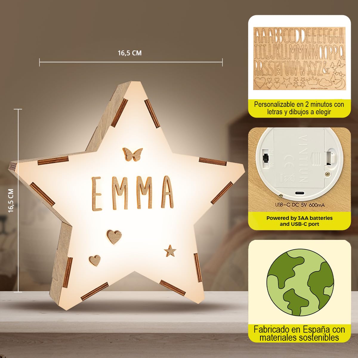 WONDEE Vintiun Regalos Originales Personalizados para Bebés, Lámpara Estrella Madera Personalizable, Estrella Luz Nocturna Infantil Quitamiedos, Regalos Bebés Recién Nacidos Originales