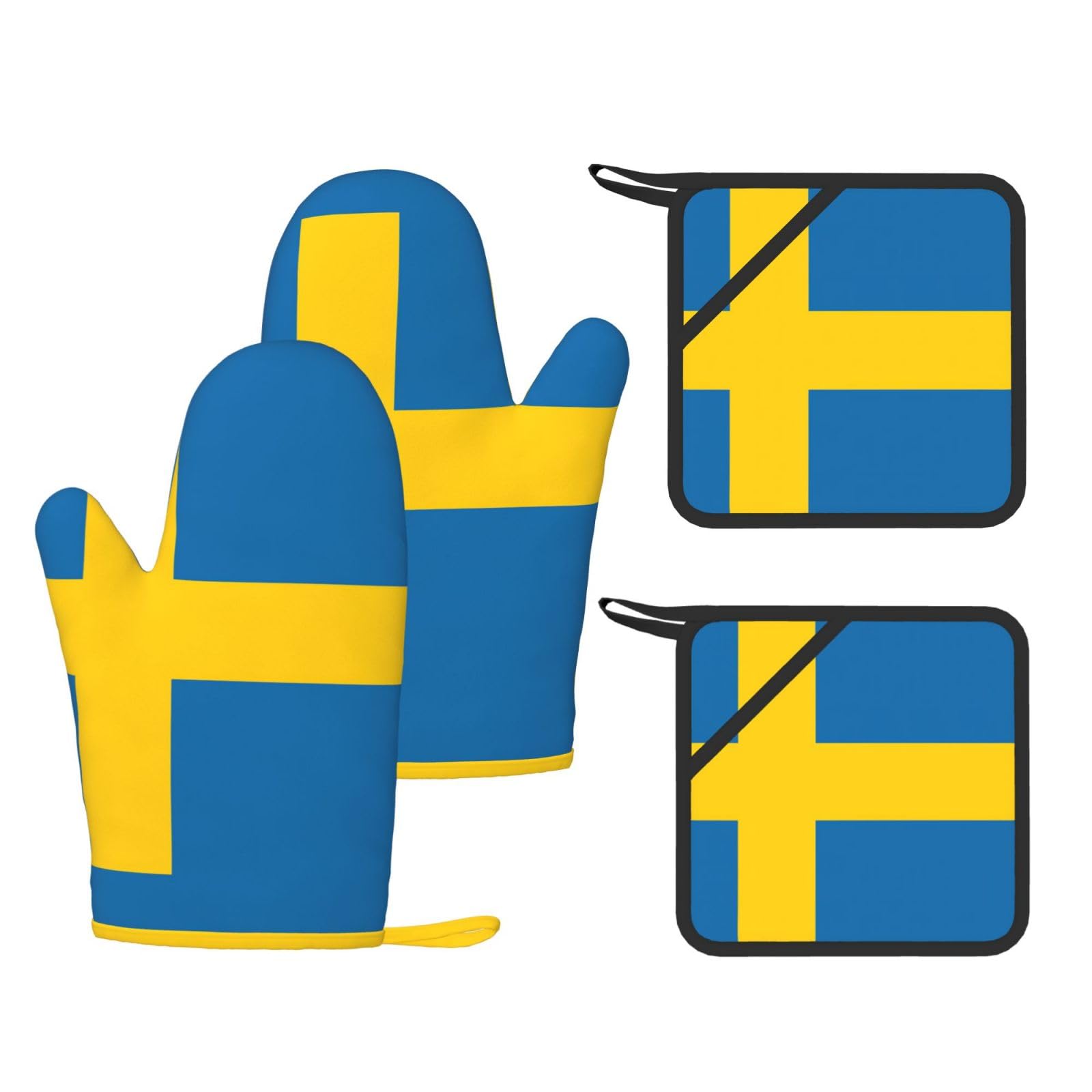 Swedish flag Printed Kitchen Oven Gloves and Potholder 4 Pcs, Non-Slip Heat Resistant Mitts for Baking Chef
