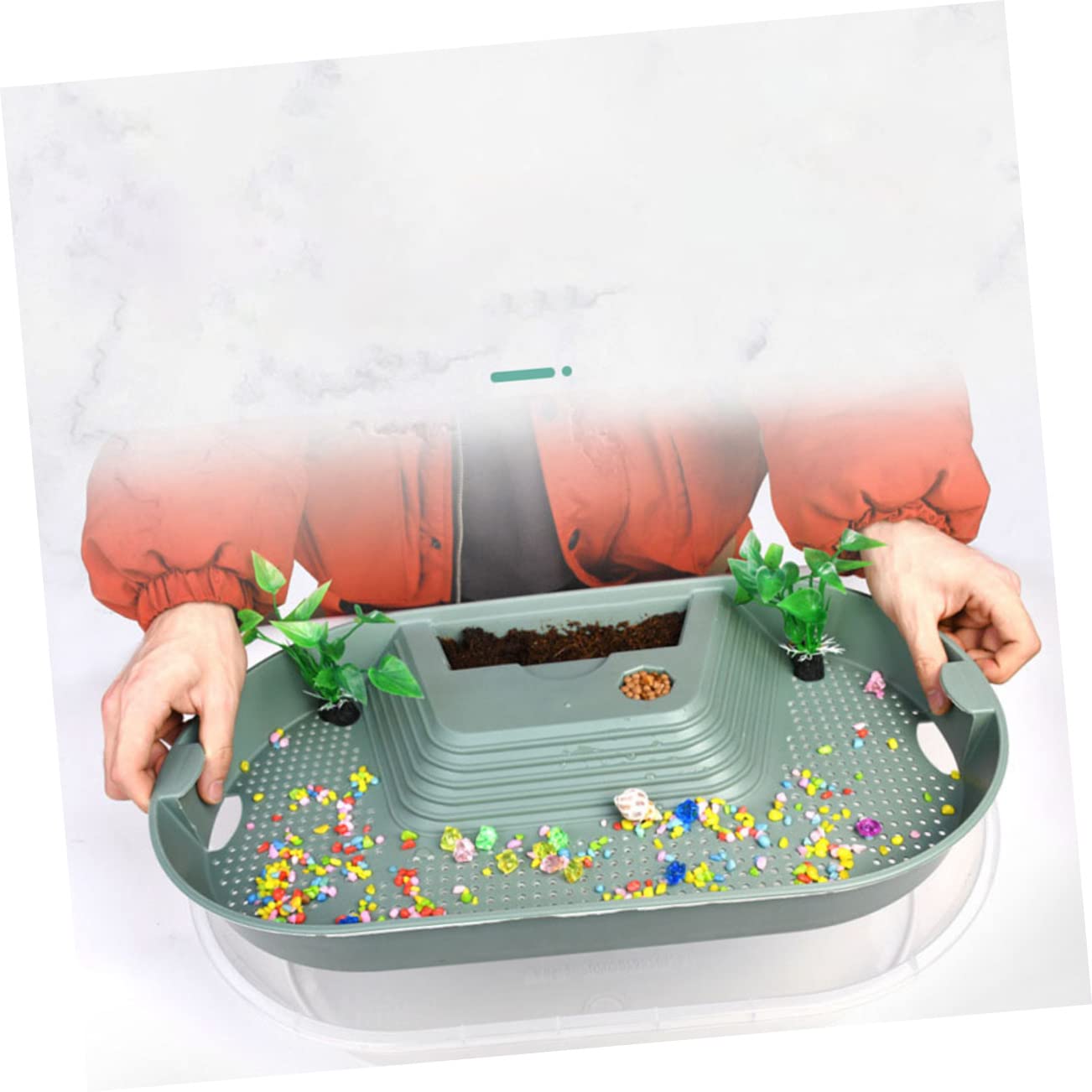Acuario para Tortugas Reptiles con 5 Áreas, Plástico Verde | Zona de Natación, Plataforma de Asoleo y Área de Alimentación, Diseño Antideslizante para Reptil