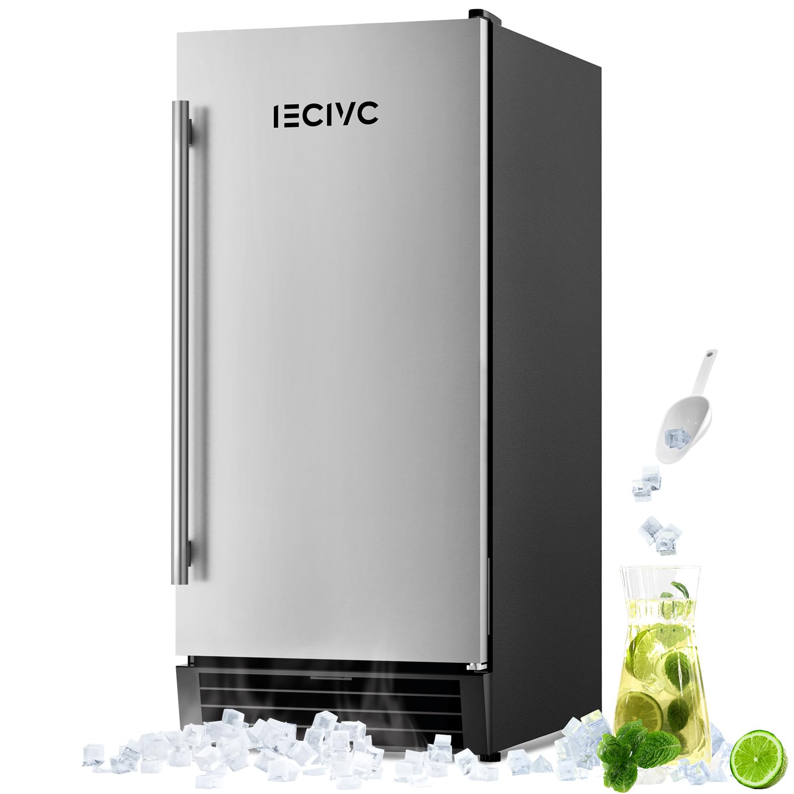 Máquina para fabricar hielo comercial bajo mostrador IECIVC, 80 lb por día, con contenedor de almacenamiento de 25 lb, 15 W, máquina para fabricar hielo independiente incorporada, limpieza automática, ideal para uso comercial, hogar, bar