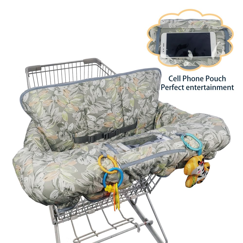 Shopping Cart Cover for Baby boy Girl, Multi-in-1 Cart Covers for Babies, Soft Padded Infant High Chair Cover, Machine Washable, Grocery cart seat Cushion Cover Grey Leaves