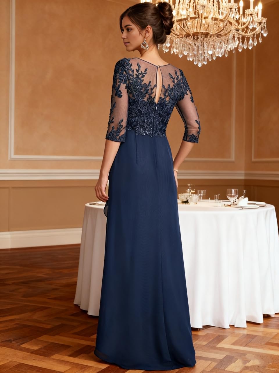 Chiffon Mother of The Bride Formal Gown 3/4 Sleeve Lace Applique Hi-Lo Ruffle Maxi Evening Dress for Wedding Guest