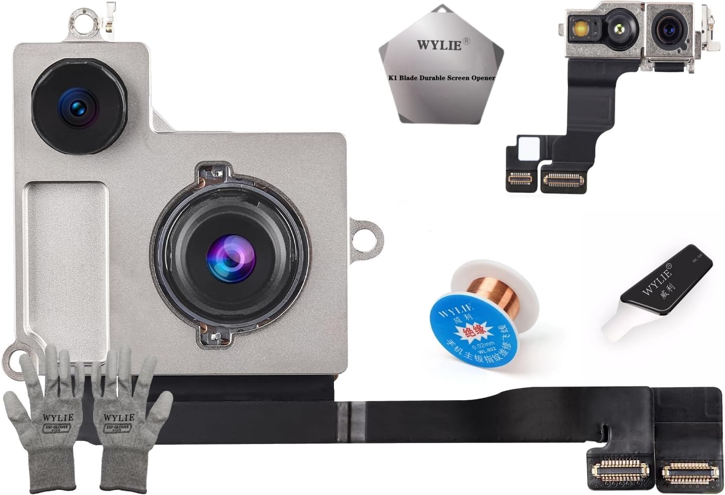 for iPhone 15 Rear Camera Replacement 48MP HD Main Camera Flex Cable with Front Facing 12MP Selfie Camera Module Proximity Sensor Assembly WYLIE Professional Repair Tools 7 Pack