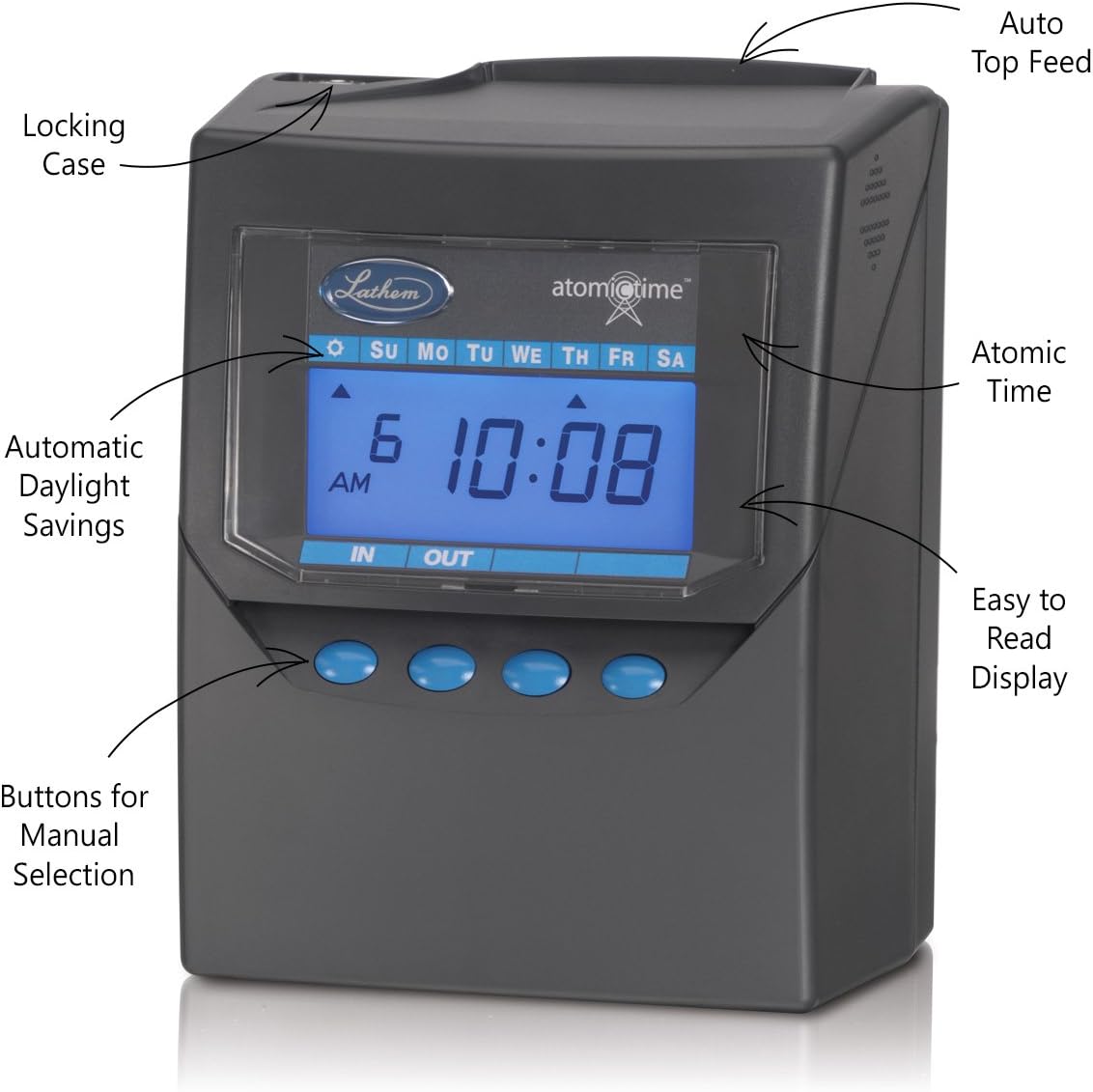 Lathem Calculating Atomic Time Clock, For 100 Employees, Includes Mounting Clip, Gray (7500E) : Time Clocks : Electronics