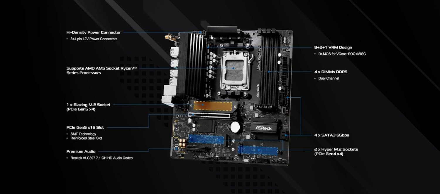 ASRock AMD B850M Pro A WiFi 6E Socket AM5 Ryzen 9000/8000/7000 Series DDR5 8000+ (OC) MHz 256GB Micro ATX Motherboard M.2 SATA3 6.0 Gb/s PCIe 5.0 BIOS Flashback 2.5G LAN