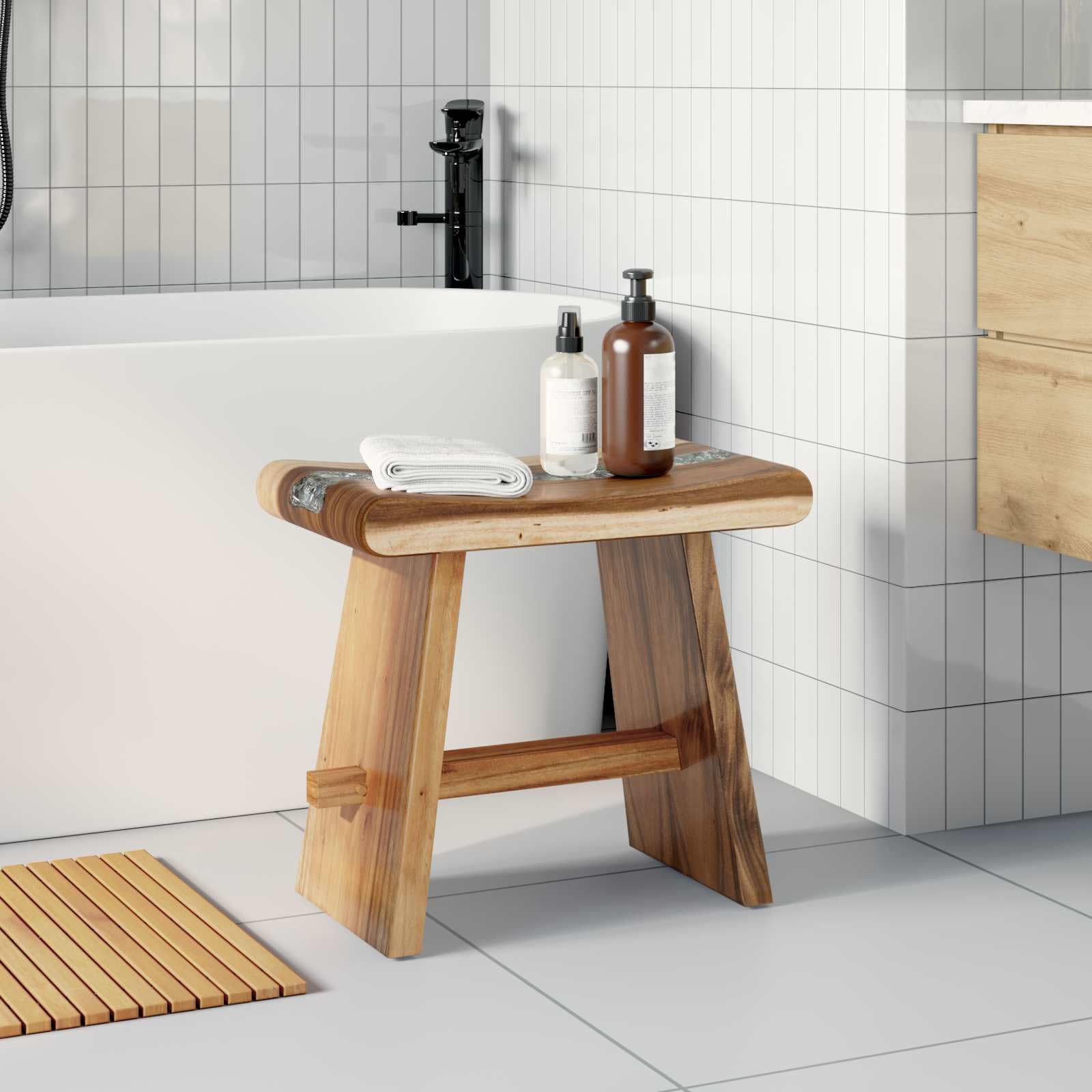 Générique Stołek prysznicowy z litego drewna Suar 50x30x44 cm, ręcznie robiony stołek łazienkowy z blatem z żywicy i szkła, nowoczesny design do roślin lub akcesoriów, maksymalne obciążenie 110 kg