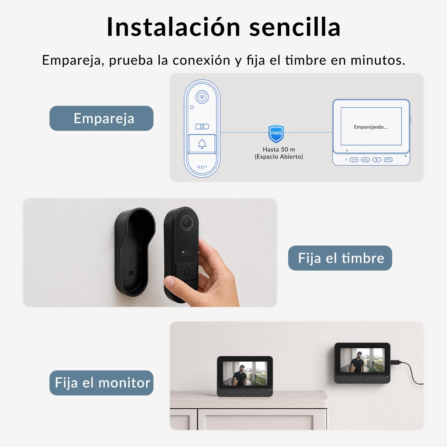 Videoportero Inalámbrico con Pantalla 4,3" Sin WiFi ni App, Timbre con Cámara Exterior IP65 Impermeable para Exterior, Monitor Interior, 135° Gran Angular, Audio Bidireccional y Visión Nocturna