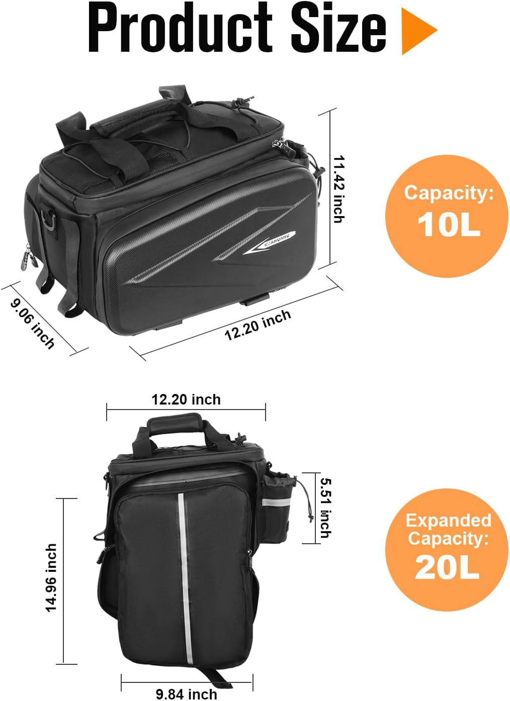 Bike Rack Bag, 20L EVA Hard Shell Bike Trunk Rear Rack Bag Bike Panniers Expandable 3 in 1 Waterproof Tin foil Insulation Bike Bag With Rain Cover for Commute Shopping Cycling Trip